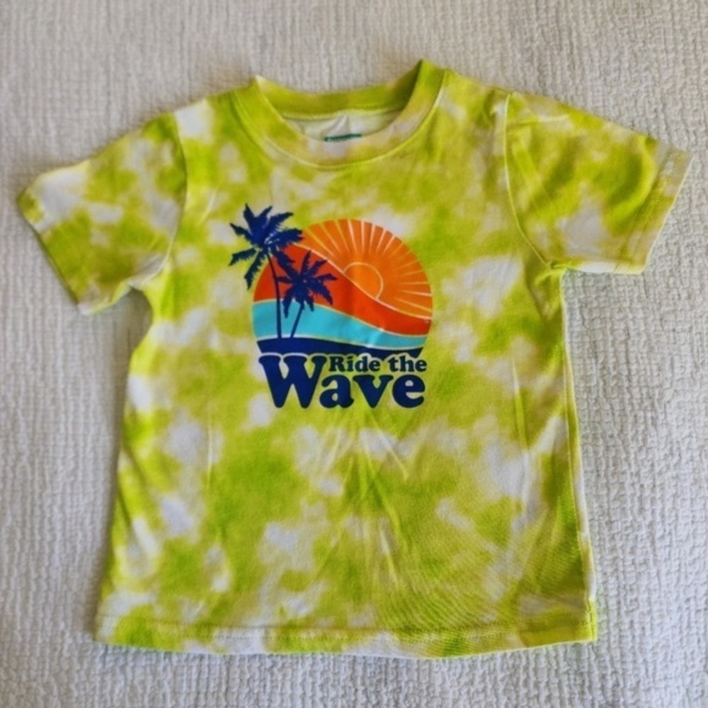 Kid's‎ sz 3T Ride the Wave Lime Green Tie Dye Graphic T-Shirt Retro Summer Beach